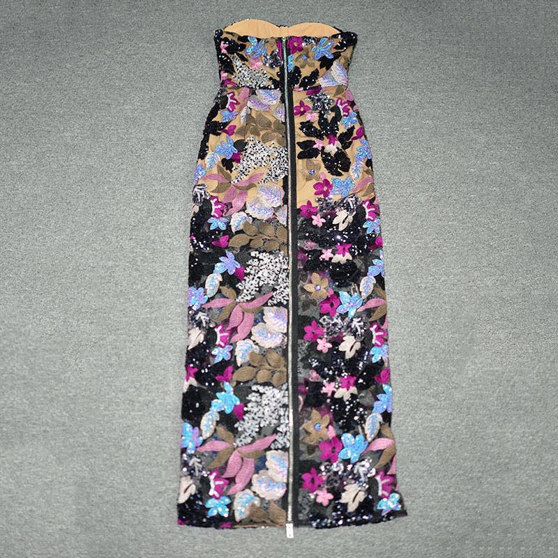 Elegant Floral Sequin Embroidered Mesh Tube Top Dress