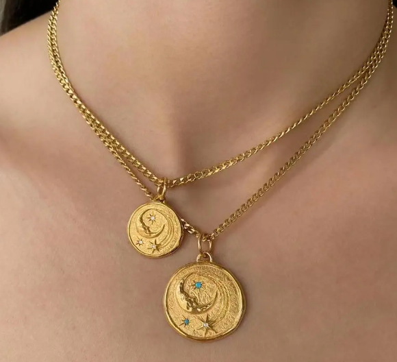 HoopLa -  Athena Luna Coin Charm Necklace, Stainless Steel- 14K gold: Necklace