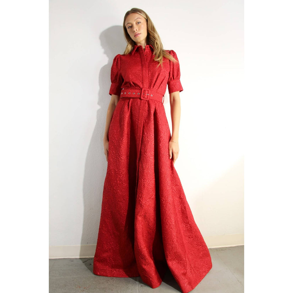 Rose Embossed Belted Maxi Dress