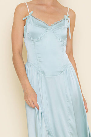 Mint Satin Lace Trim Midi Dress