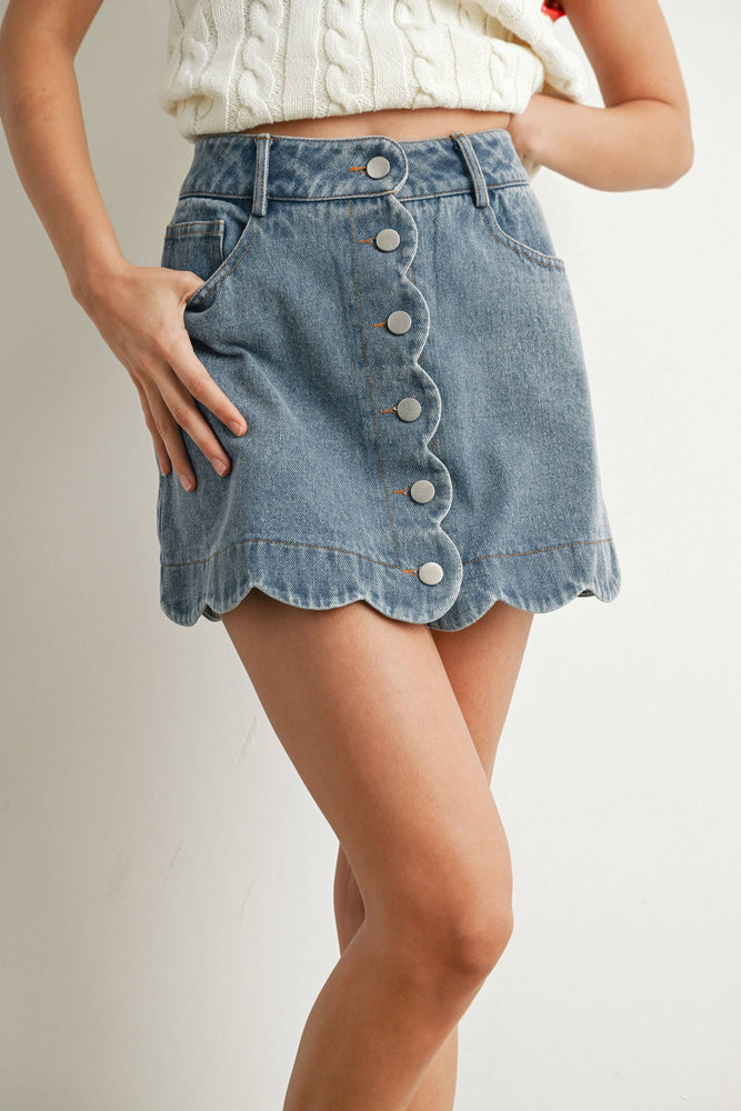 Denim Buttoned Scallop Denim Skirt