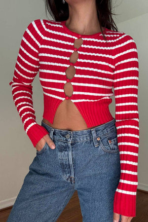 Candy Stripe Knit Keyhole Button Sweater
