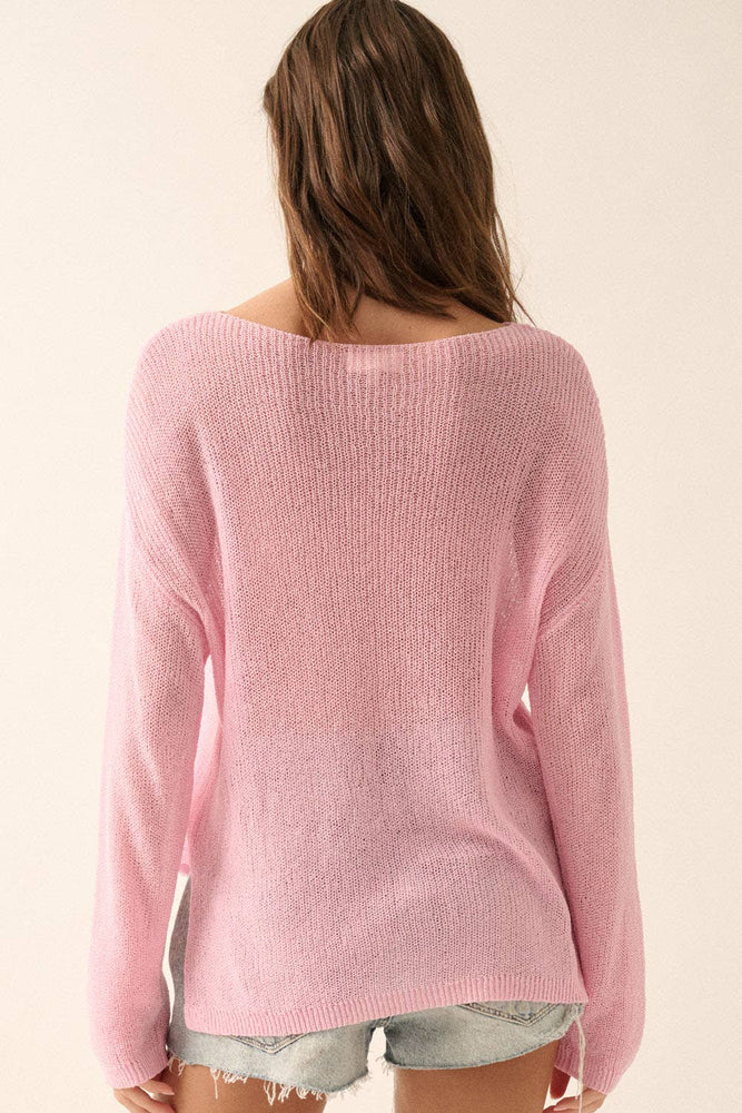 Lightweight Knit Loose-Fit Boatneck Sweater: Soft Pink