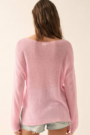 Lightweight Knit Loose-Fit Boatneck Sweater: Soft Pink