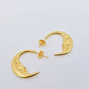 Mysterious Moon Face Design Gold Plated Hoop Earrings