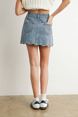 Denim Buttoned Scallop Denim Skirt