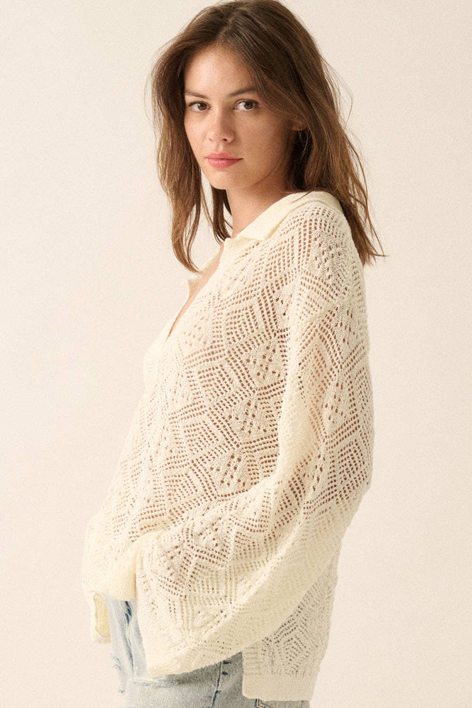 Geometric Crochet-Knit V-Neck Bell-Sleeve Sweater