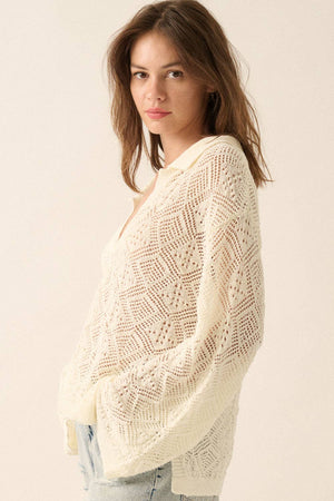 Geometric Crochet-Knit V-Neck Bell-Sleeve Sweater