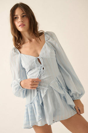 Textured Tonal-Stripe Ruffled Tie-Front Romper