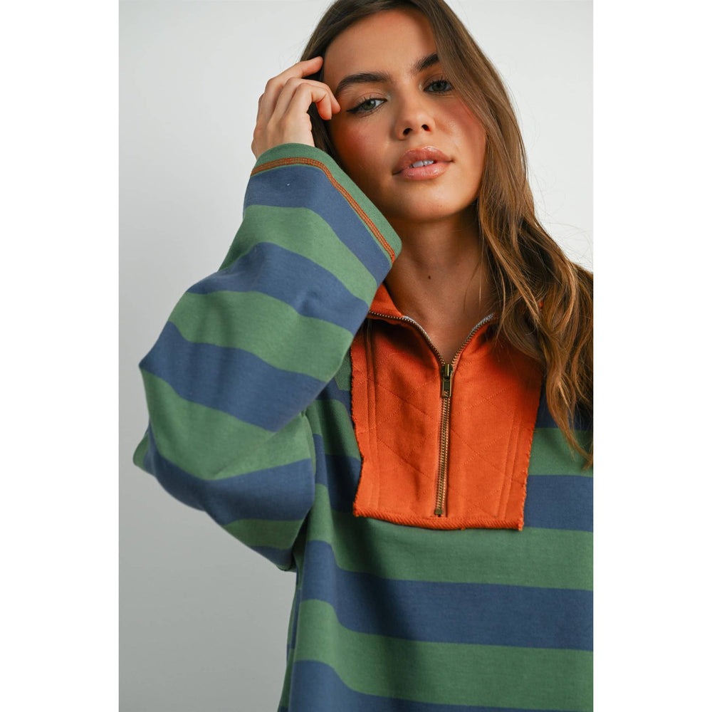 Striped Quarter-Zip Contrast Collar Sweatshirt