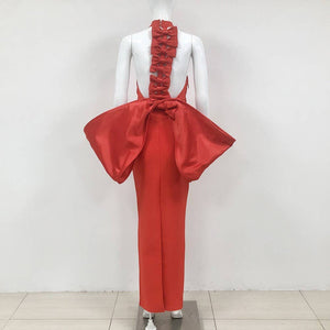 Red Backless Dress with Large Bow and Slim Fit