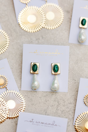 St Armands Designs of Sarasota - Vintage Square Malachite and Natural Pearl Drop Earrings