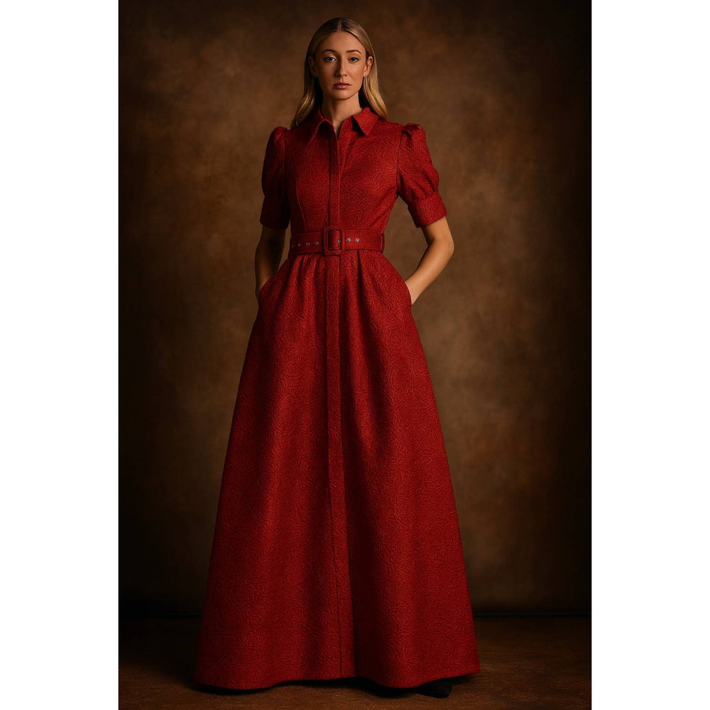 Rose Embossed Belted Maxi Dress