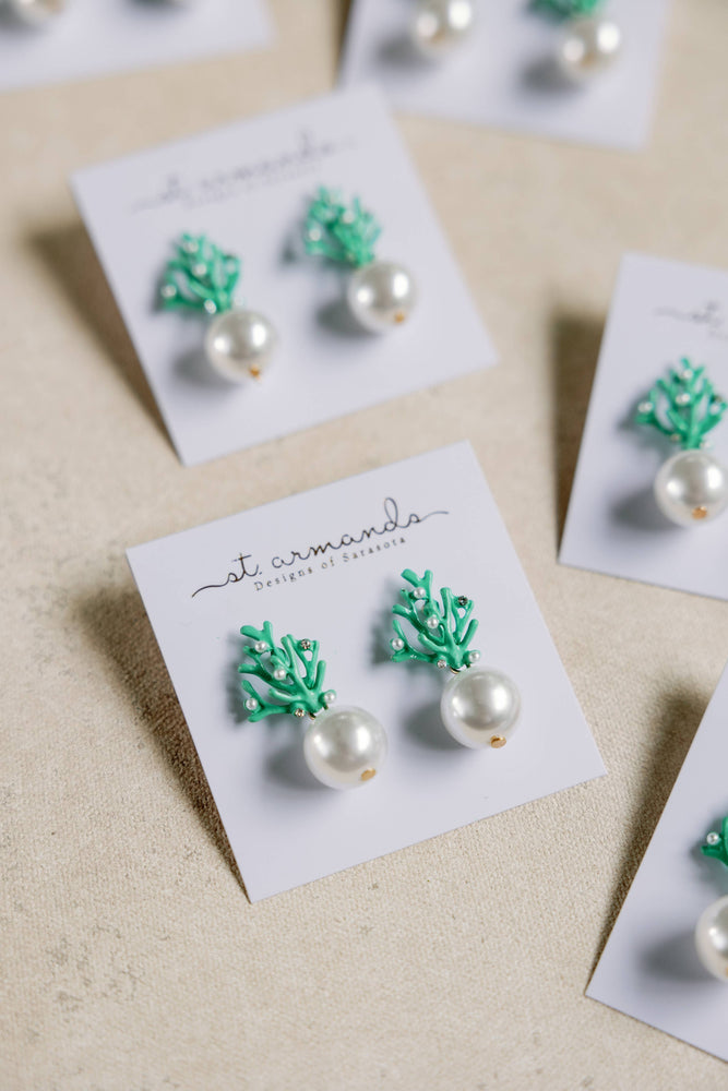 St Armands Designs of Sarasota - Pearl and Turquoise Coral Mini Statement Earrings