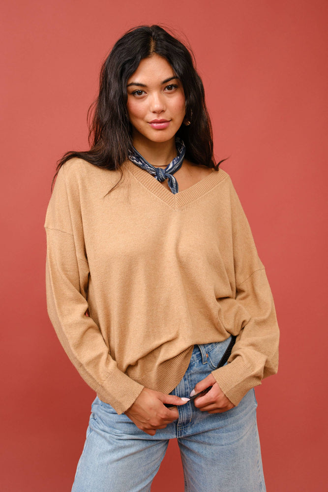 Tan Cashmere V-Neck Sweater