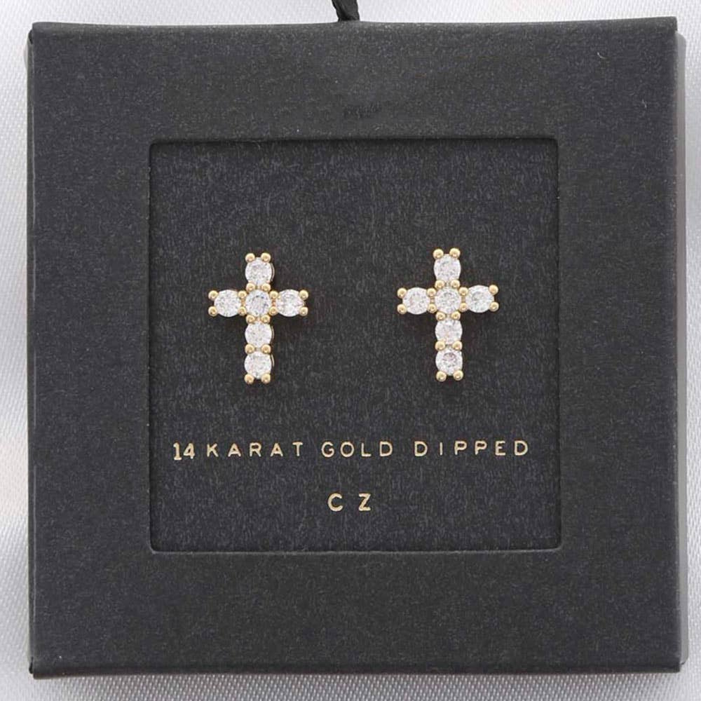 CZ Cross 14K Gold Dipped Stud Earring: White gold