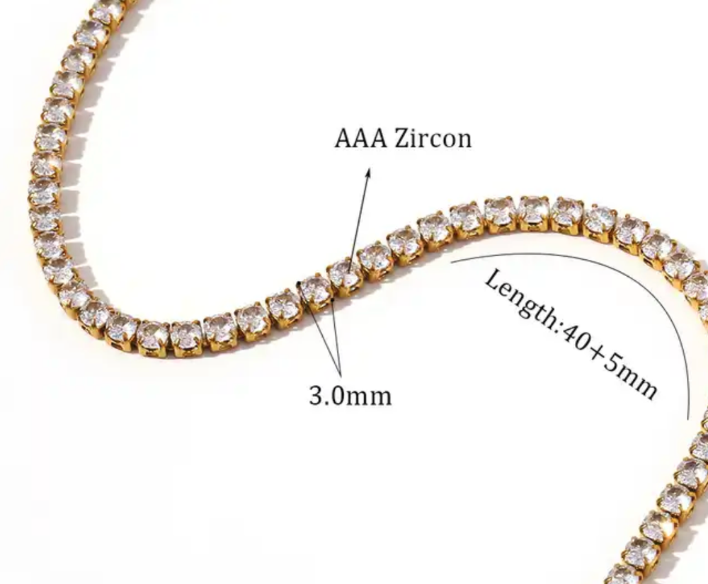 HoopLa - Tennis Necklace. Premium PV plated stainless CZ. : Yellow Gold / 4mm