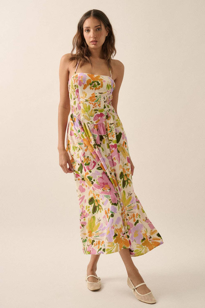 Textured Floral Smocked Halter Midi Dress