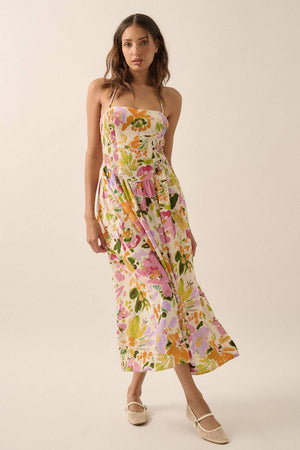 Textured Floral Smocked Halter Midi Dress