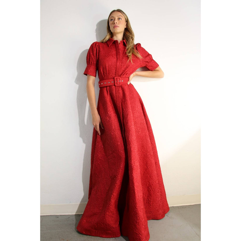 Rose Embossed Belted Maxi Dress