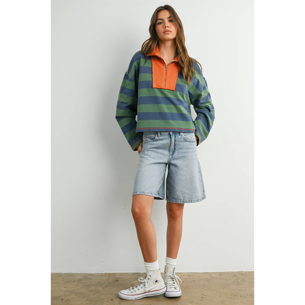 Striped Quarter-Zip Contrast Collar Sweatshirt