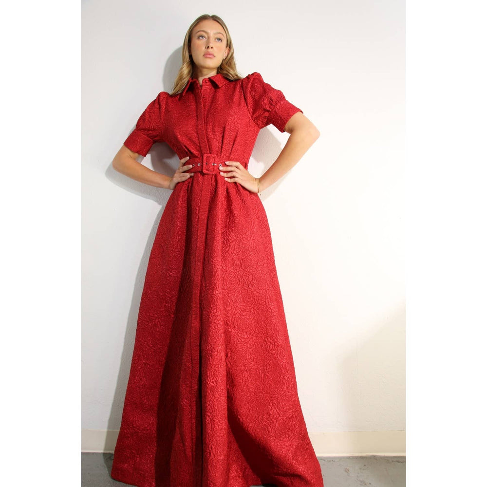 Rose Embossed Belted Maxi Dress