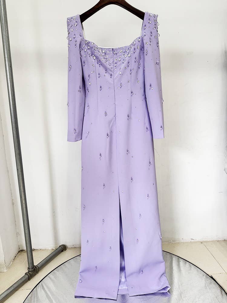 Square Neck Lilac Gown with Hand-Beaded Diamonds