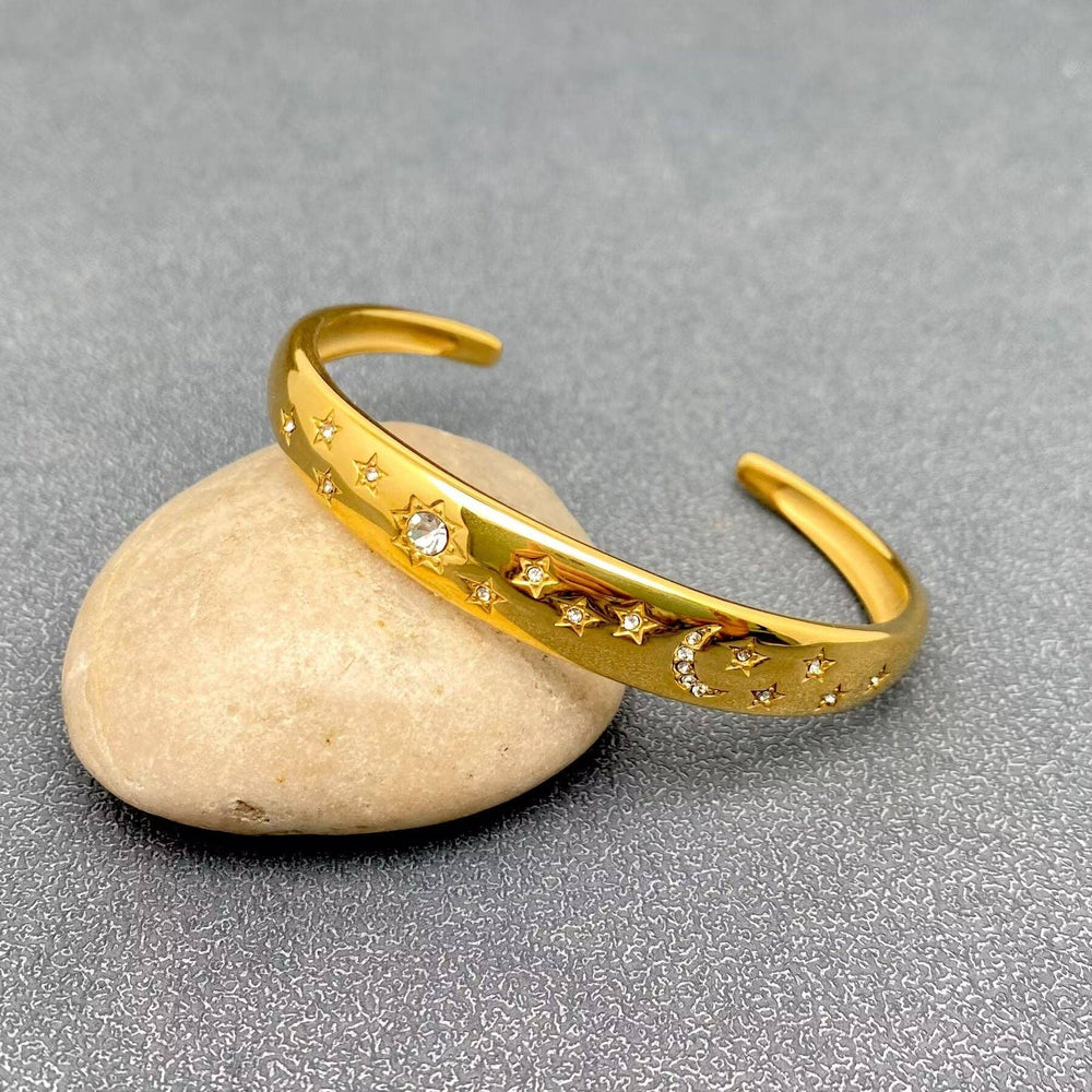 Inlaid CZ Sun Moon Star 18K Gold Plated Cuff