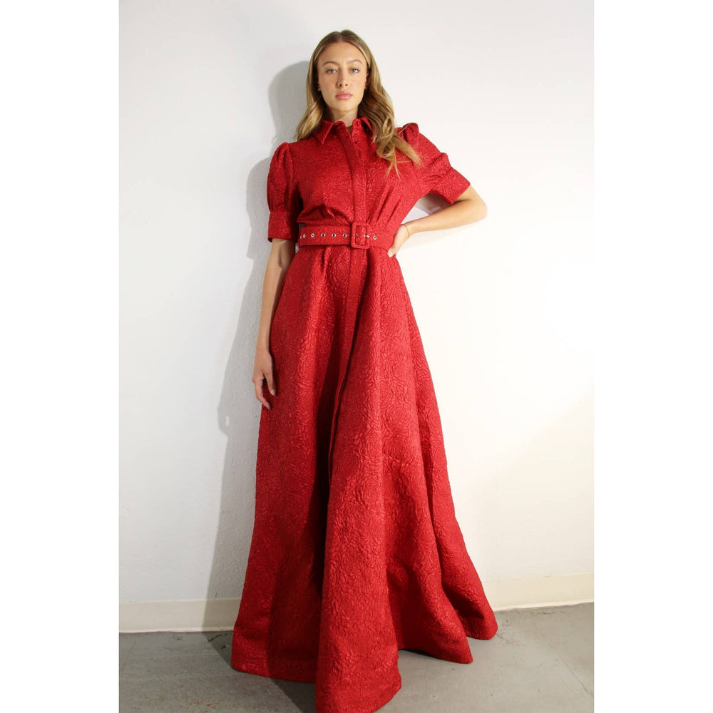 Rose Embossed Belted Maxi Dress