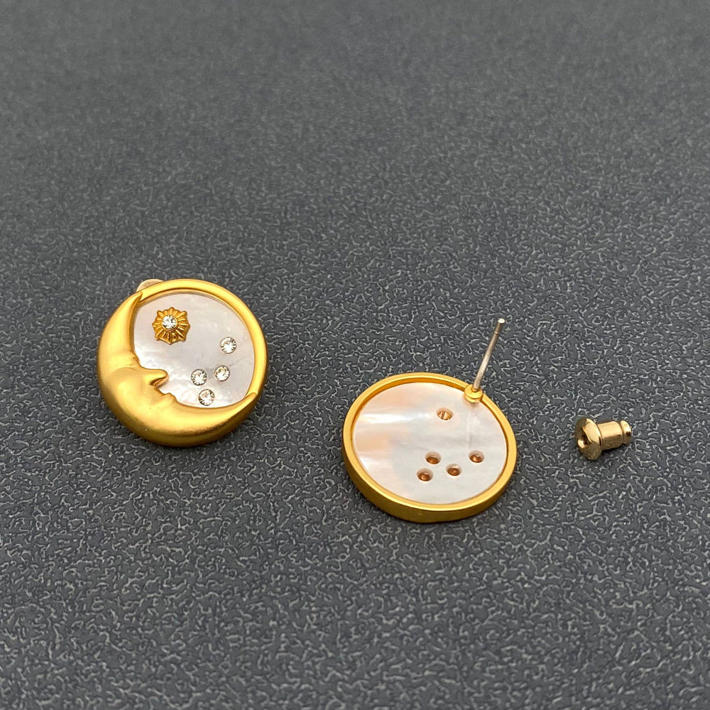 Inlaid CZ & Shell 18K Gold Plated Moon Ear Studs