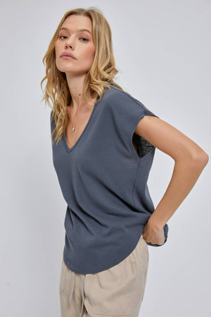 Charcoal Basic Garment Washed V-Neck Tee