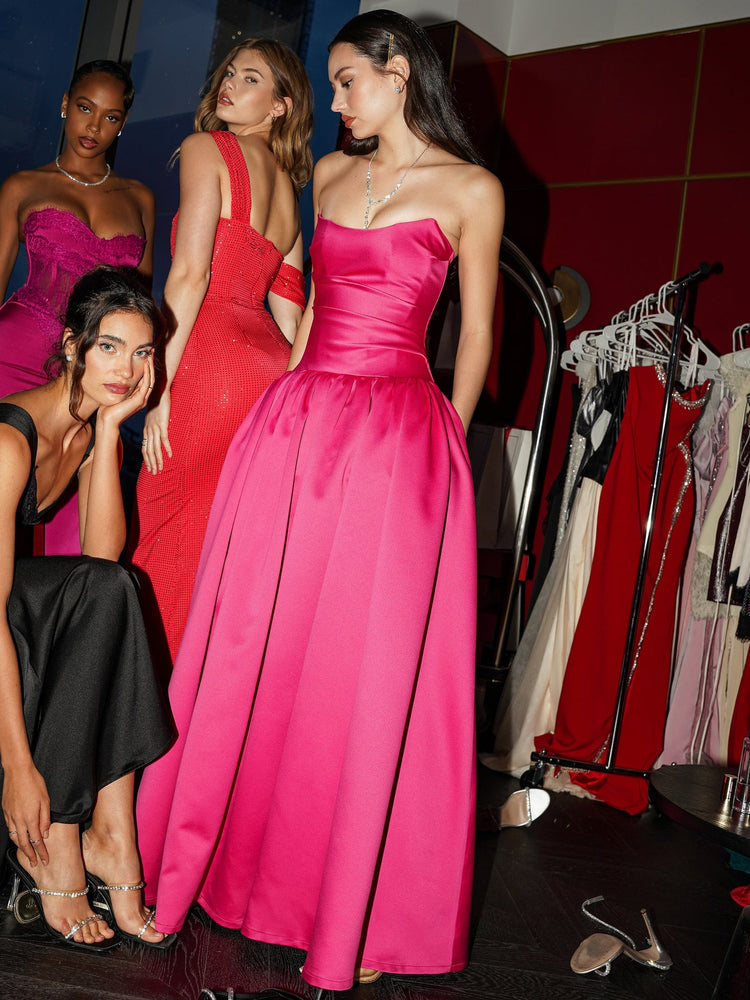 Walterina Fuchsia Satin Strapless Drop Waist Corset Gown