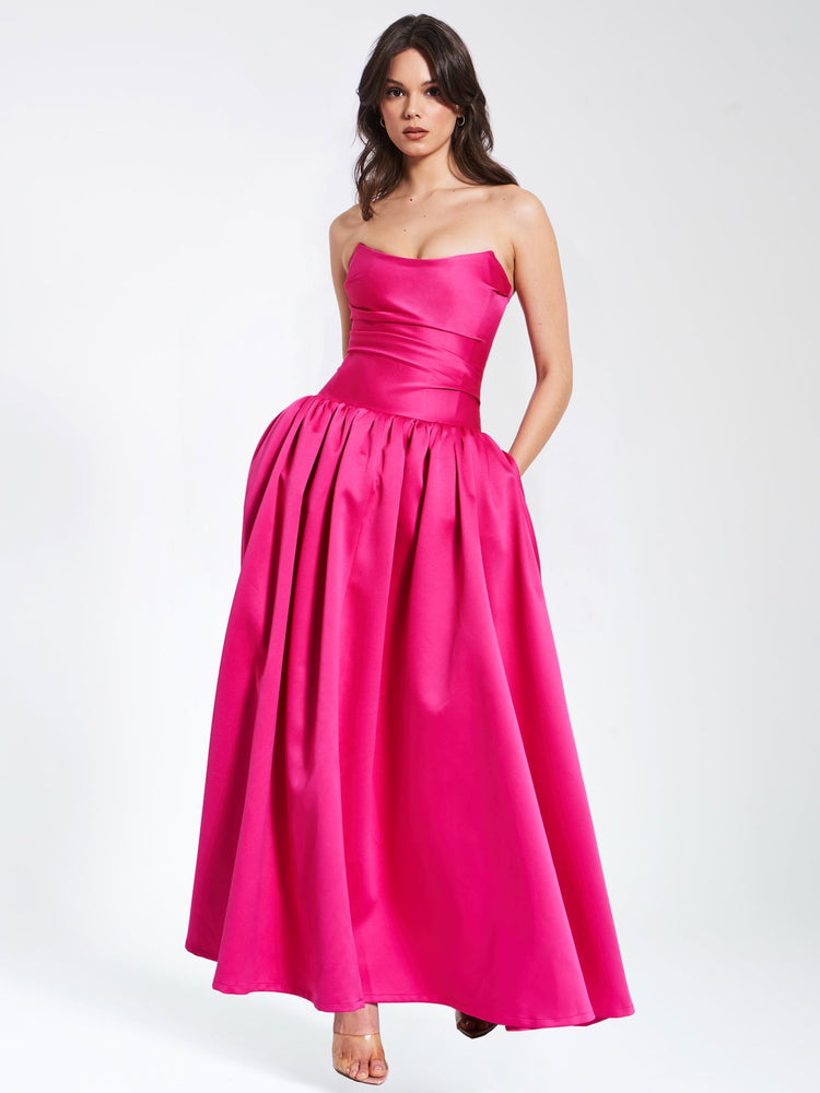 Walterina Fuchsia Satin Strapless Drop Waist Corset Gown