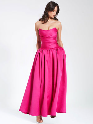 Walterina Fuchsia Satin Strapless Drop Waist Corset Gown