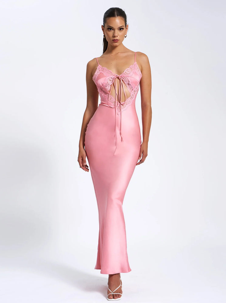 Zinnia Salmon Pink Lace Satin Dress