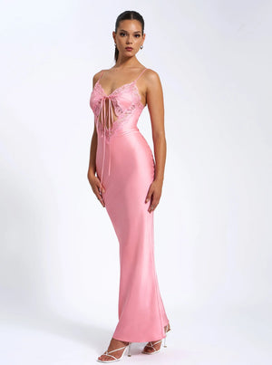 Zinnia Salmon Pink Lace Satin Dress