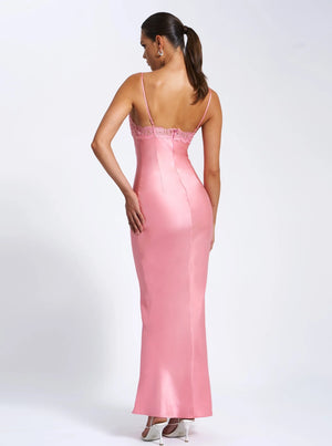 Zinnia Salmon Pink Lace Satin Dress