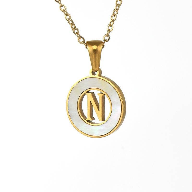 Circular Hollow Shell Initial Pendant Necklace: I