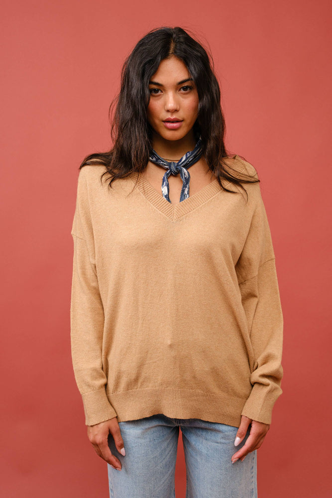 Tan Cashmere V-Neck Sweater