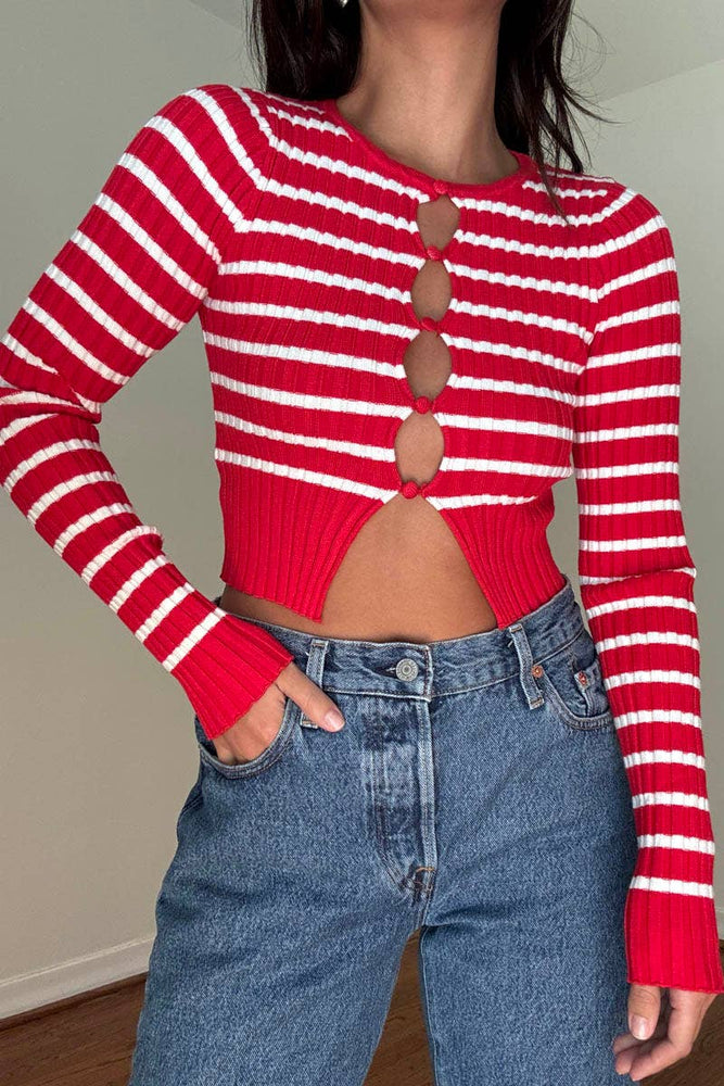 Candy Stripe Knit Keyhole Button Sweater
