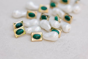 St Armands Designs of Sarasota - Vintage Square Malachite and Natural Pearl Drop Earrings