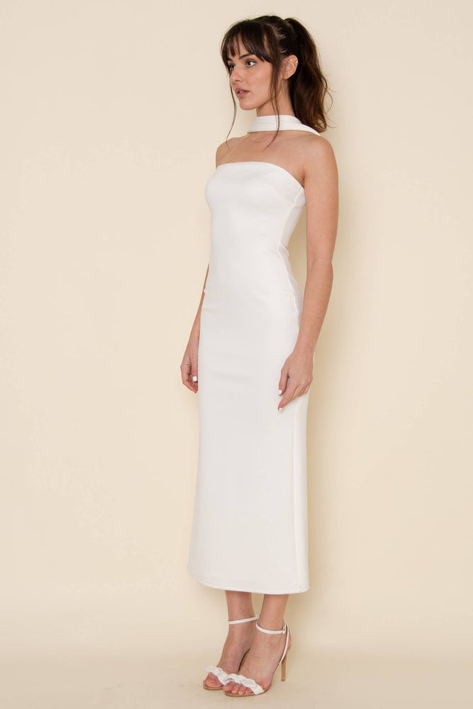 White Halter Neck Midi Dress