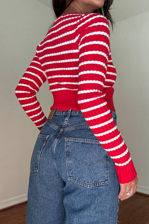 Candy Stripe Knit Keyhole Button Sweater