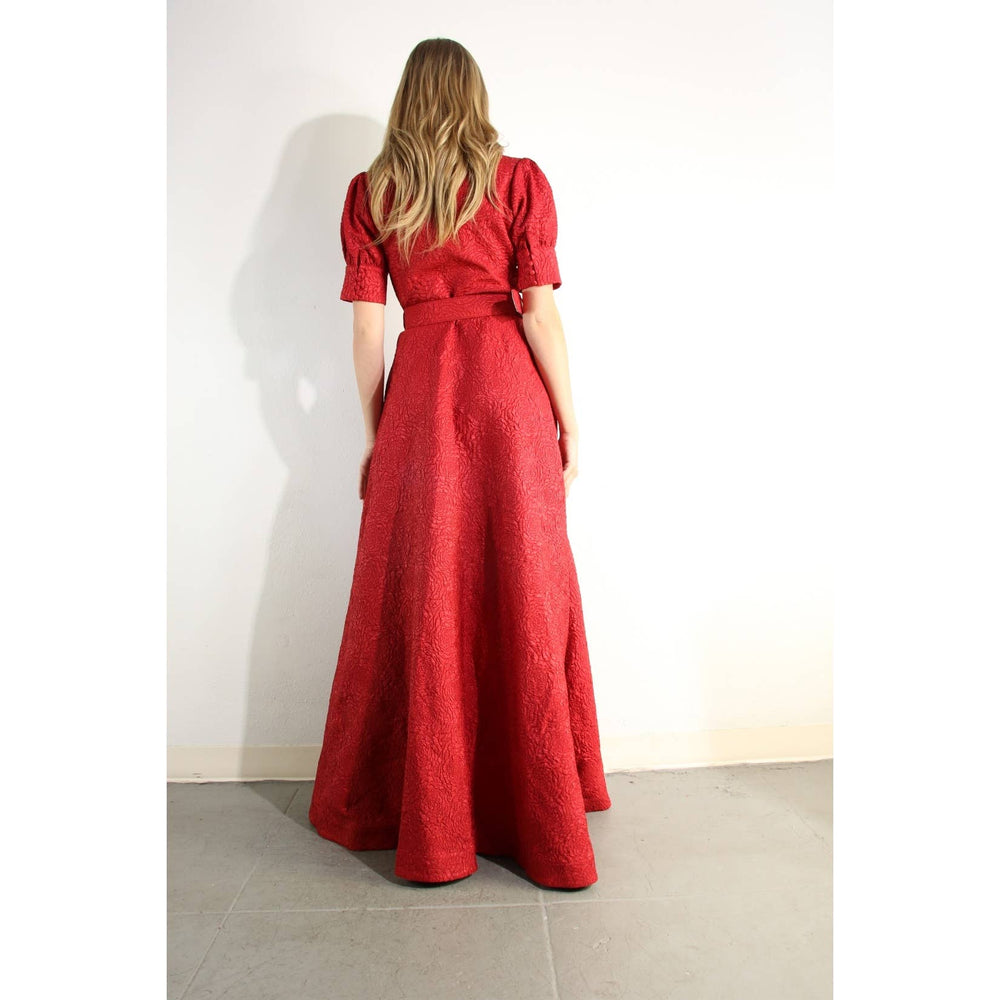 Rose Embossed Belted Maxi Dress