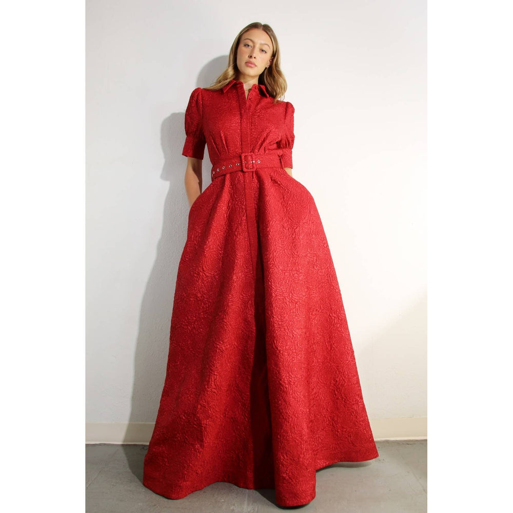 Rose Embossed Belted Maxi Dress