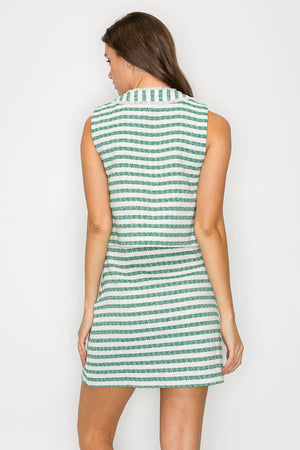 Green & White Stripe Summer French Boucle Mini Skirt