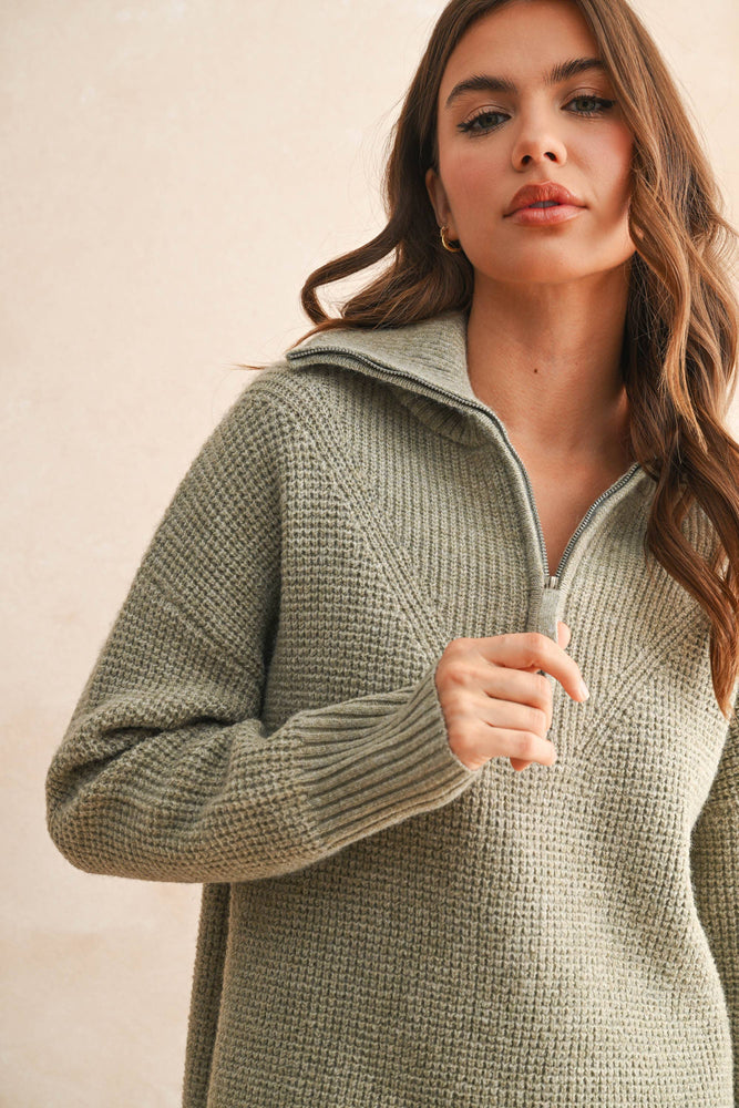 Olive Waffle Half Zip Sweater