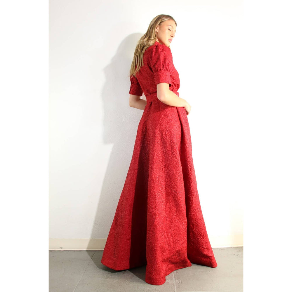 Rose Embossed Belted Maxi Dress