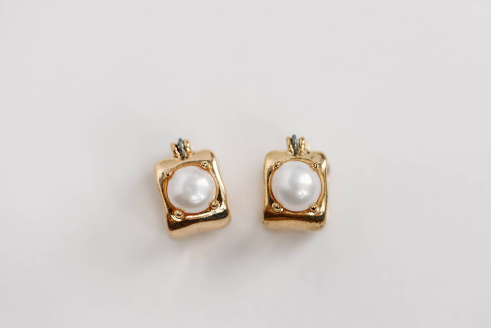 St Armands Designs of Sarasota - Vintage Mini Square Gold Pearl Huggie Hoop Earrings