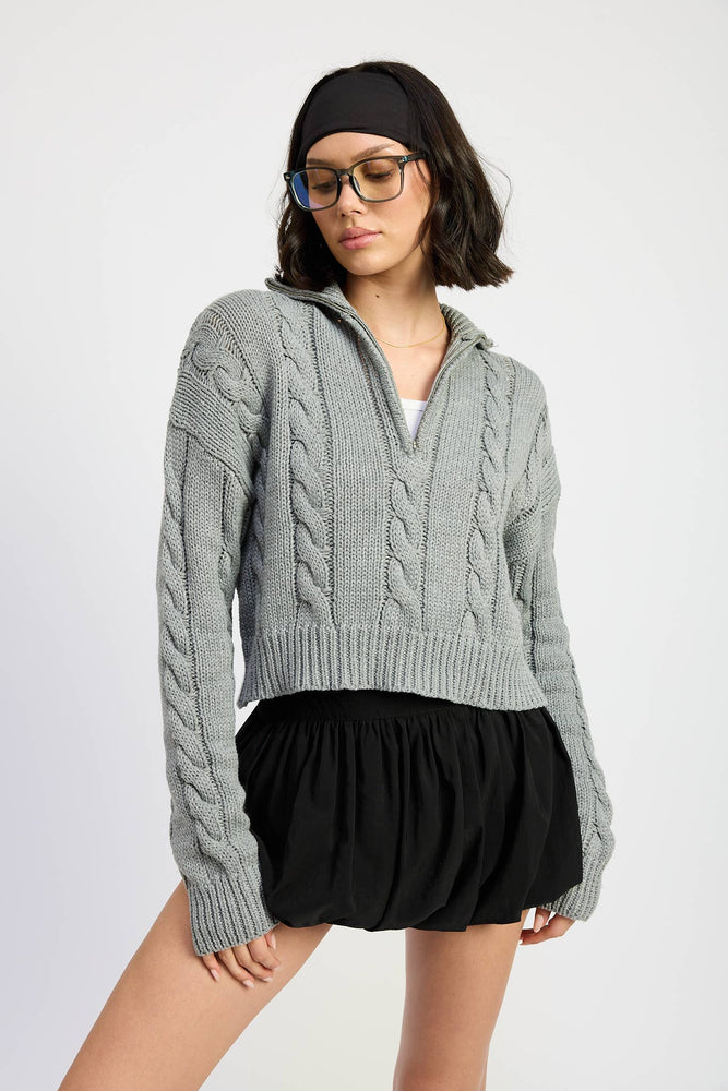 Gray Cable Half Zip Sweater
